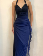 Robe de soirée longue sexy en mousseline bleu marine dégradé à col V et dos nu, référence Y7486