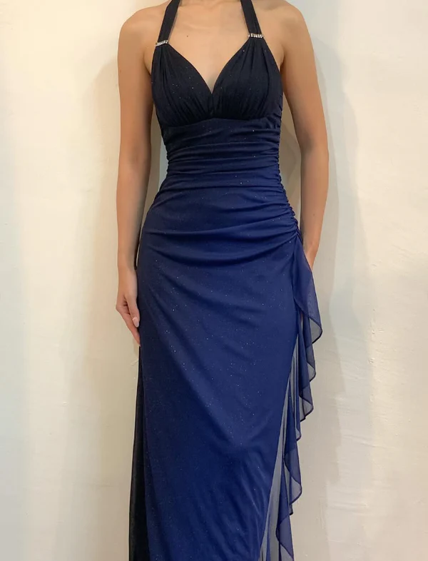 Robe de soirée longue sexy en mousseline bleu marine dégradé à col V et dos nu, référence Y7486
