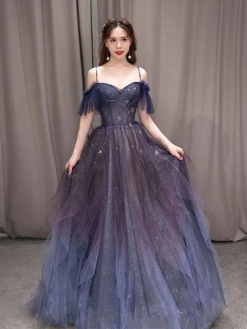 Robe de bal longue en tulle violet foncé étoilé, coupe trapèze, référence Y924