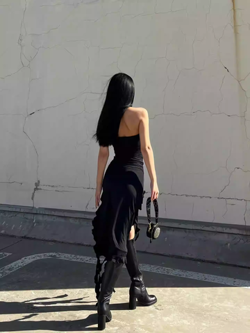 Robe de soirée noire chic sans bretelles, robe de soirée noire Y1929