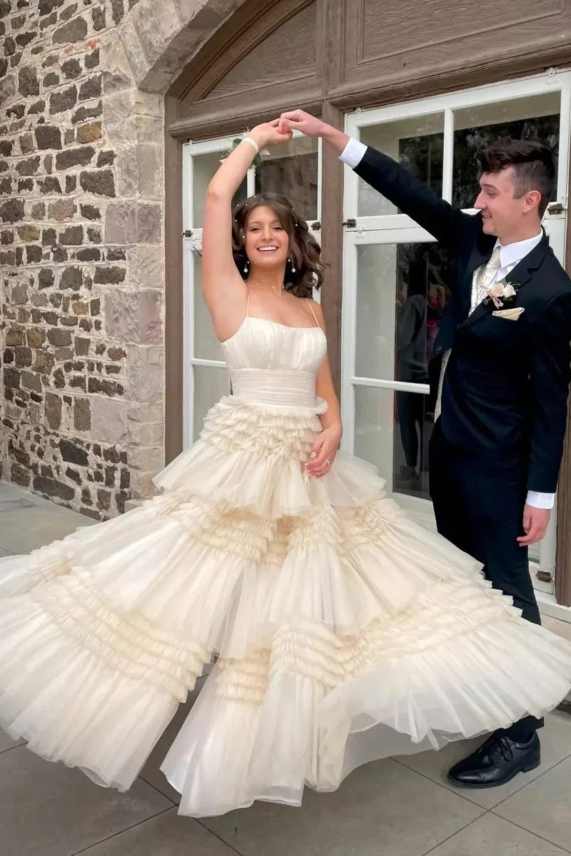 Champagne A-Line Spaghetti Straps Ruffles Formal Evening Dresses Long Prom Dress Y6801