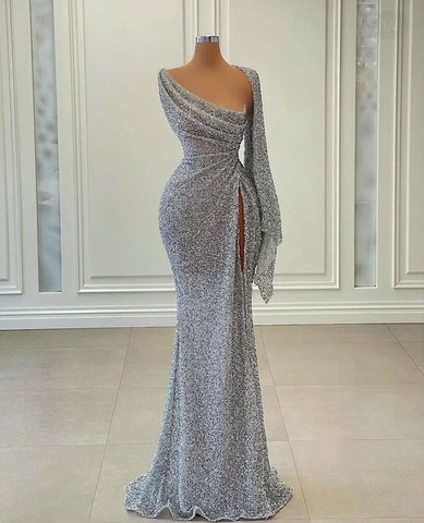 Robe de bal longue sirène à sequins, décolleté asymétrique, robe de soirée charmante Y269