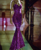 Robe de bal sirène sexy en dentelle, bretelles spaghetti, robe de soirée violette Y8204