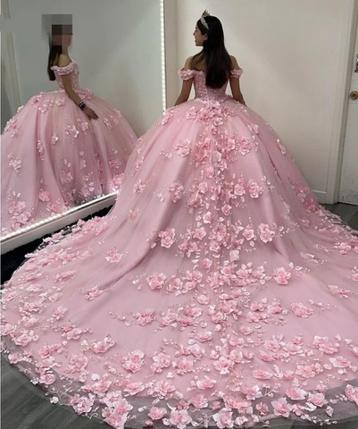 Vestido de quinceañera rosa con hombros descubiertos, corsé y apliques 3D Y6791