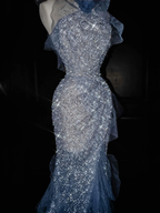 Precioso vestido de sirena azul de tul con lentejuelas, volantes y cuentas, ideal para graduación, eventos formales de noche o bodas (Y8671).