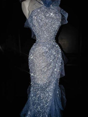 Gorgeous Blue Tulle Sequins Beaded Ruffles Mermaid Prom Dress,Formal Evening Dress Wedding Dress Y8671