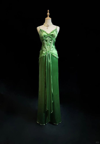 Chic Green Spaghetti Straps Satin Beaded Prom Dress Evening Dress Y8555