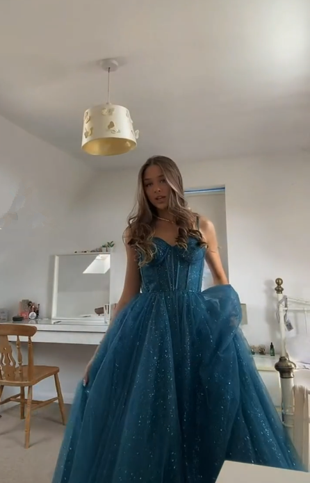 Vestido de fiesta de tul brillante con tirantes finos y corte en A, elegante vestido de noche Y406