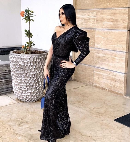 Black Sequins One Sleeve Mermaid Prom Dress Black Evening Dress Y5880