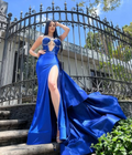 Robe de soirée sirène longue fendue en satin bleu royal ornée de perles, magnifique Y8526