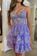 Vestido de fiesta de bienvenida de tul multicapa con lentejuelas y tirantes color lavanda Y2832