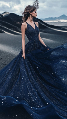 Precioso vestido de fiesta de corte A con tul y lentejuelas, vestido de noche azul marino con escote en V, vestido de novia Y8381