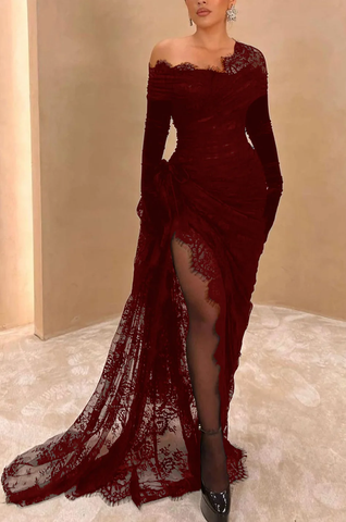 Elegante vestido de fiesta largo de encaje negro asimétrico con abertura alta Y7984