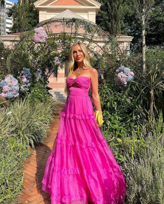 Robe de soirée rose fuchsia pour cérémonie, robe longue décolletée cœur à volants sans manches, robe sexy Y6183