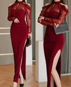 Vestido largo de sirena para mujer, sexy, con hombros descubiertos, cintura alta, abertura de malla, ajustado, elegante, estilo corsé, para fiestas y noches, modelo Y5526