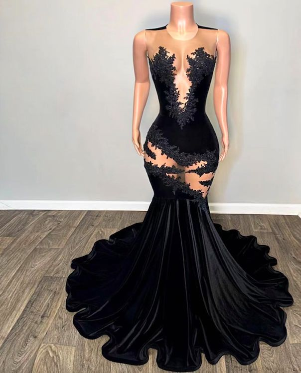 Robe de bal sirène noire sexy en dentelle appliquée Y6497