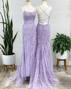 Vestido de fiesta largo de noche formal con tirantes finos, apliques de encaje y tul estilo sirena, espalda cruzada y diseño sin espalda (Y7383)