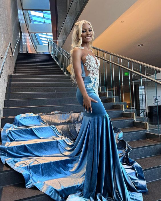Robe de soirée africaine sirène en dentelle bleu ciel Y4253