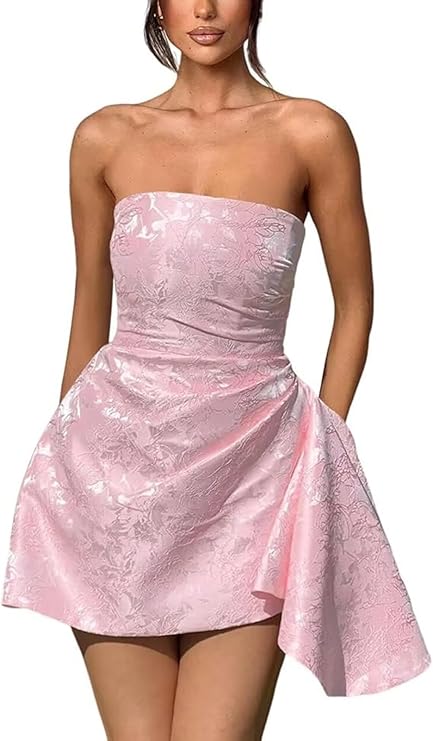 Vestido corto de fiesta de bienvenida, sin tirantes, corte en A, de satén jacquard, asimétrico, con cordones.