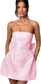 Robe de bal courte bustier sans manches en satin jacquard à lacets avec nœud