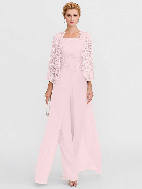 Traje pantalón de chifón de tres piezas con escote cuadrado y chaqueta para la madre de la novia 
