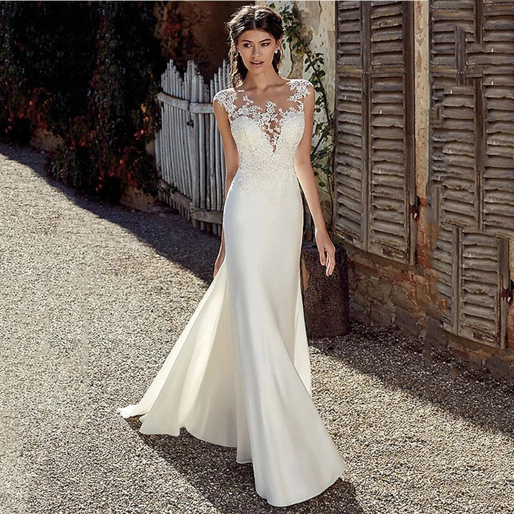 Cap Sleeve Appliques Lace Sheath Wedding Dress  Illusion Bohemian Bridal Gowns Beach Satin Vestido De Novia