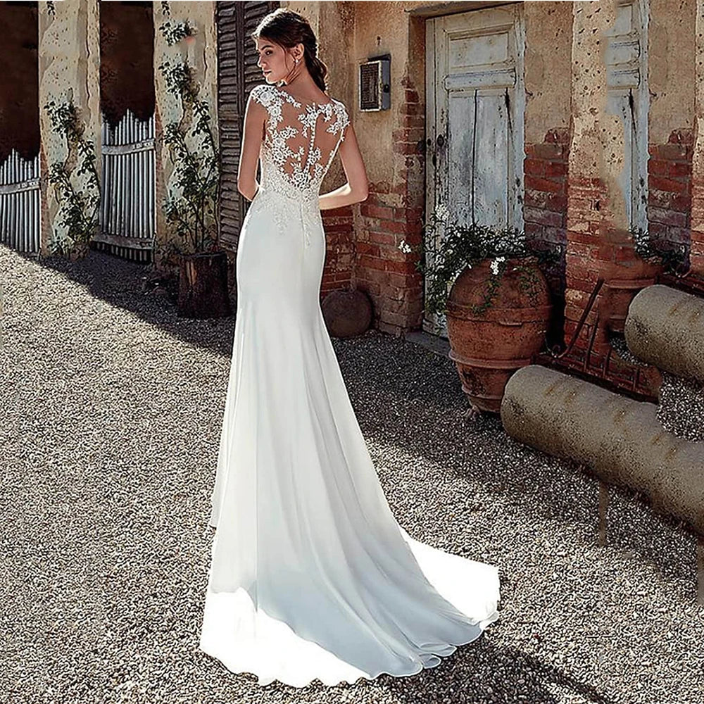Cap Sleeve Appliques Lace Sheath Wedding Dress  Illusion Bohemian Bridal Gowns Beach Satin Vestido De Novia