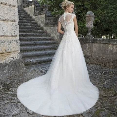 Vestidos De Novia De manga casquillo cuello increíble Vestidos De Novia apliques Vestido De Noiva bata De encaje De mariée
