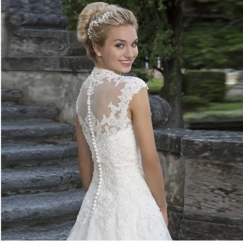 Vestidos De Novia De manga casquillo cuello increíble Vestidos De Novia apliques Vestido De Noiva bata De encaje De mariée