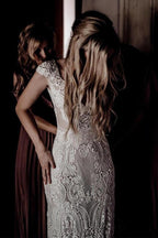 Cap Sleeve Sheath Boho Wedding Dresses Vintage Lace Rustic Wedding Dress MW314