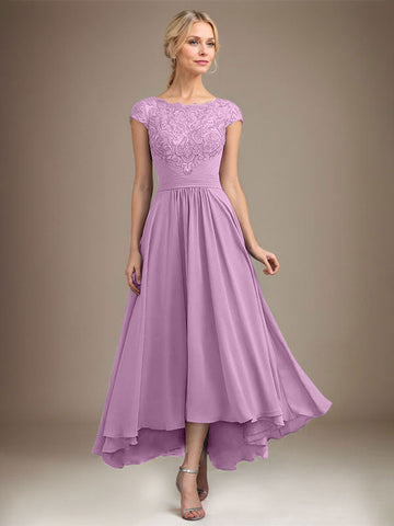 A-line Scoop Illusion Asymmetrical Lace Chiffon Mother of the Bride Dress With Pleated