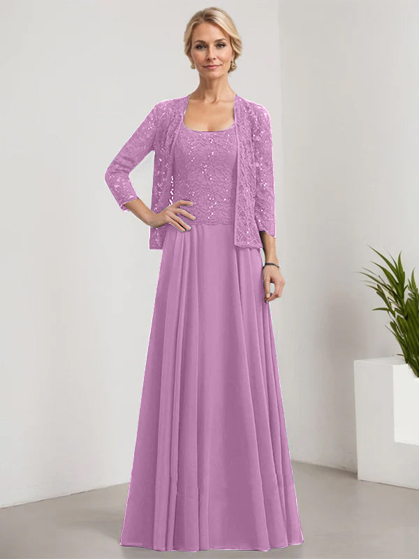 Vestido de corte A, cuadrado, largo hasta el suelo, de encaje y gasa con lentejuelas para la madre de la novia 