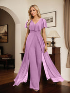 Combinaison-pantalon robe de soirée longue en mousseline à col en V