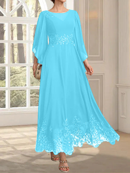Robe de mère de la mariée en mousseline de dentelle, coupe trapèze, décolleté illusion, longueur cheville, ornée de sequins 