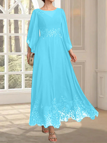 A-line Scoop Illusion Ankle-Length Lace Chiffon Mother of the Bride Dress With Sequins