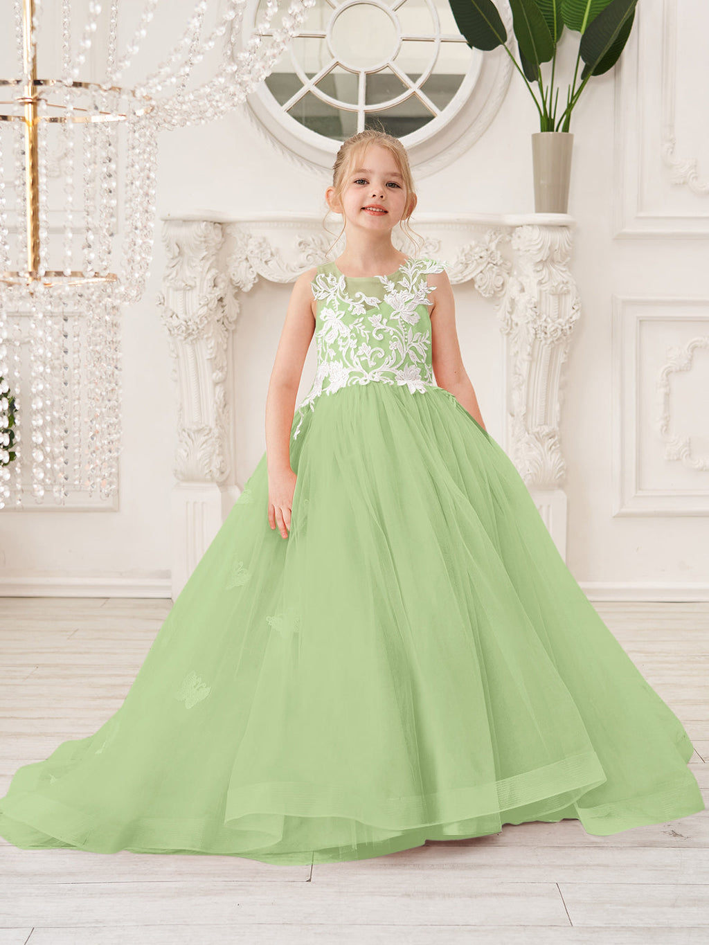 Elegante vestido de princesa sin mangas de tul para niña de las flores, corte en A 
