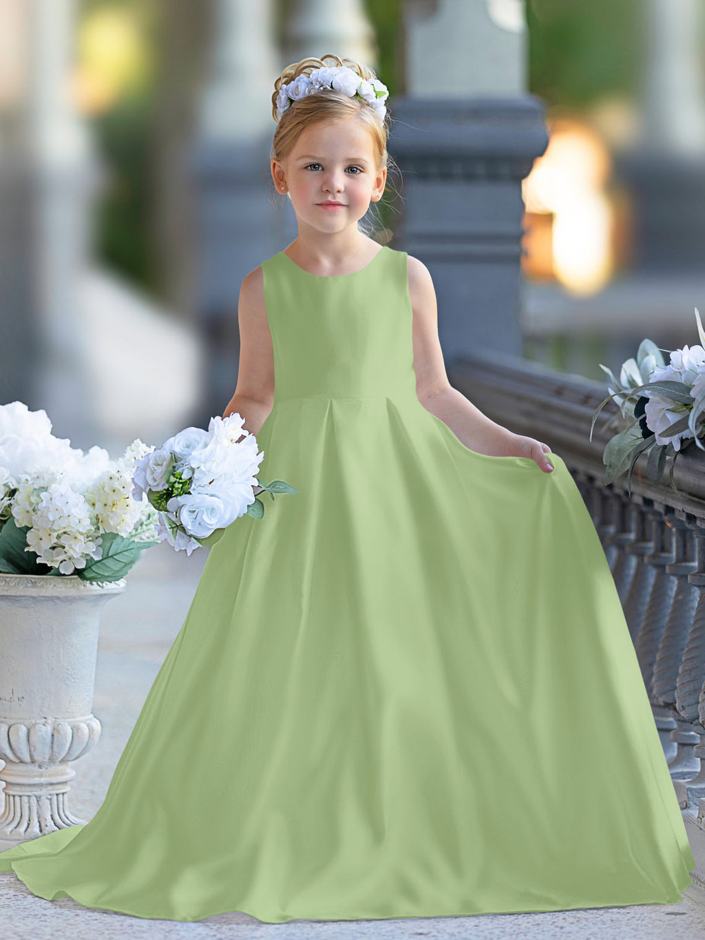 Vestido de niña de las flores para la Primera Comunión, corte en A, encaje y satén, hasta el suelo 