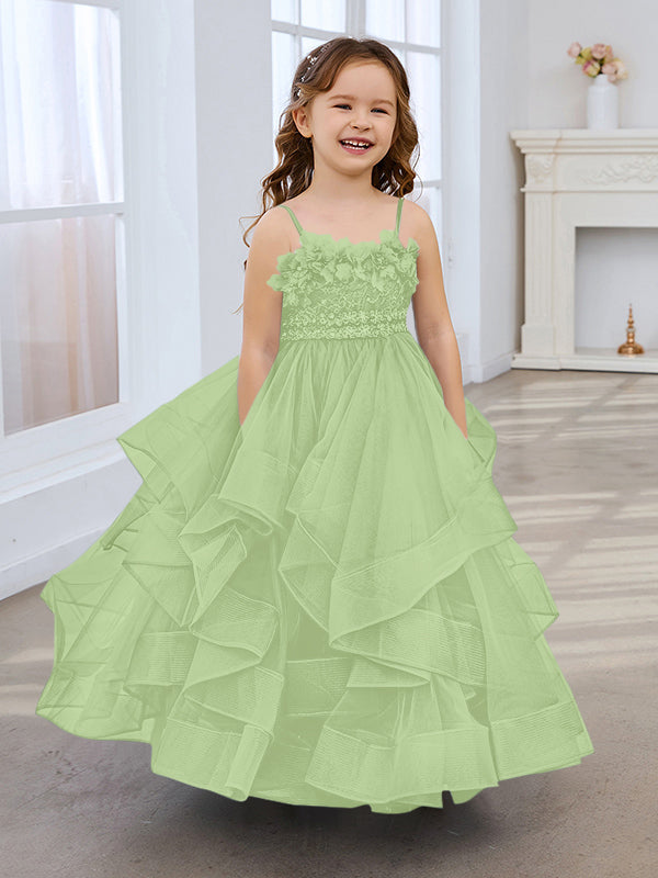 Vestido de niña de las flores de tul sin mangas, corte princesa, azul pizarra, corte en A, estilo princesa 