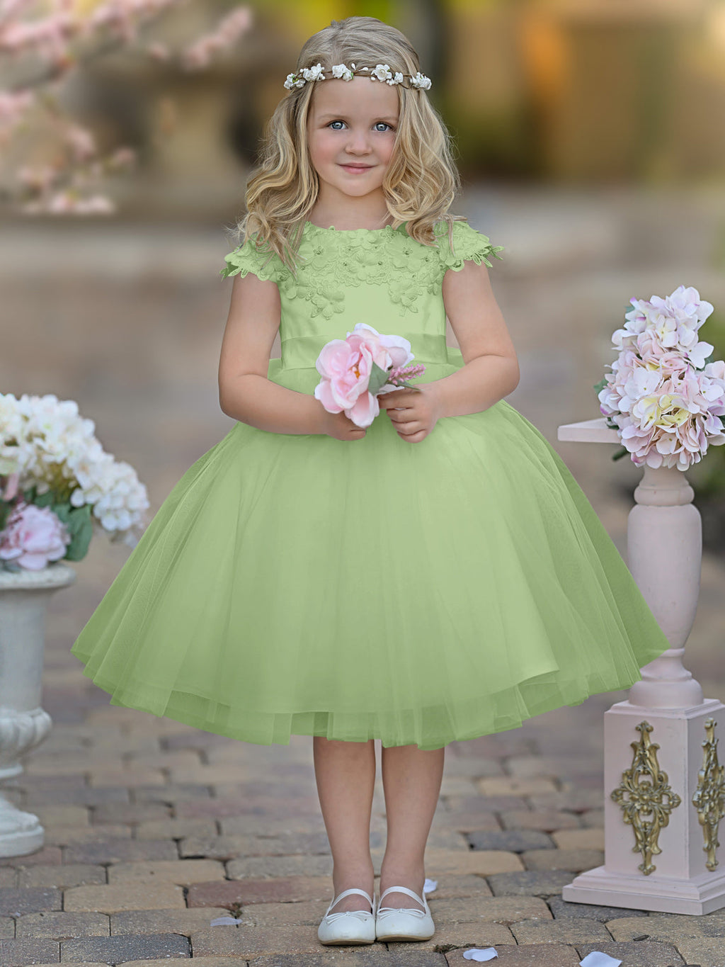 Vestido de niña de las flores de la Primera Comunión, color marfil, de tul satinado hasta la rodilla 