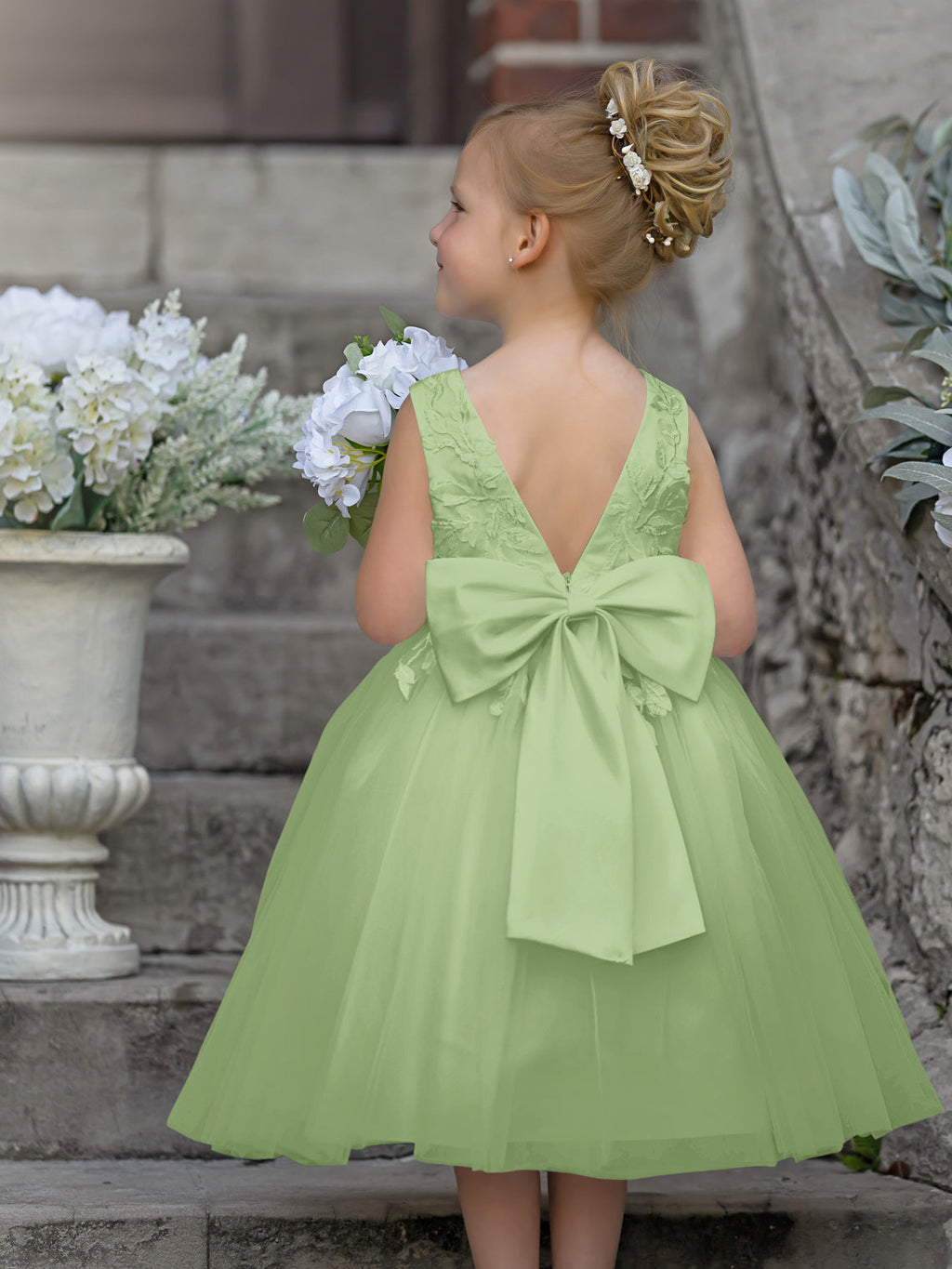 Vestido de niña de las flores sin mangas de tul y encaje hasta la rodilla 