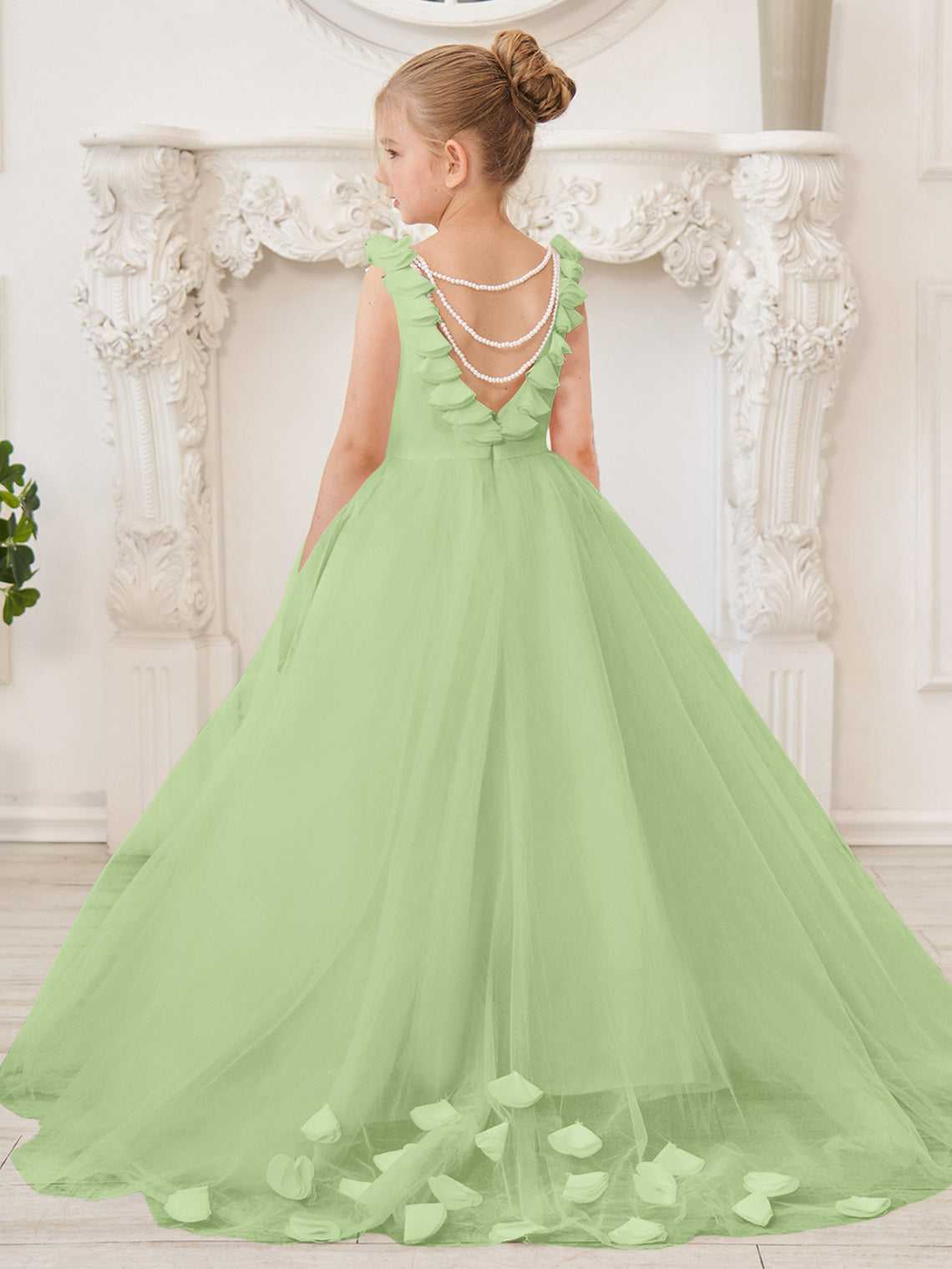 Elegante vestido blanco de tul para niña de las flores con cola corta 