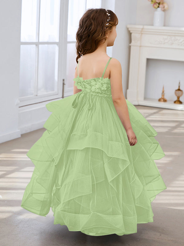 Vestido de niña de las flores de tul sin mangas, corte princesa, azul pizarra, corte en A, estilo princesa 