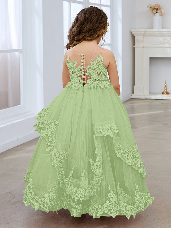 Vestido de princesa sin mangas de tul con apliques de encaje y cola corta para niñas 