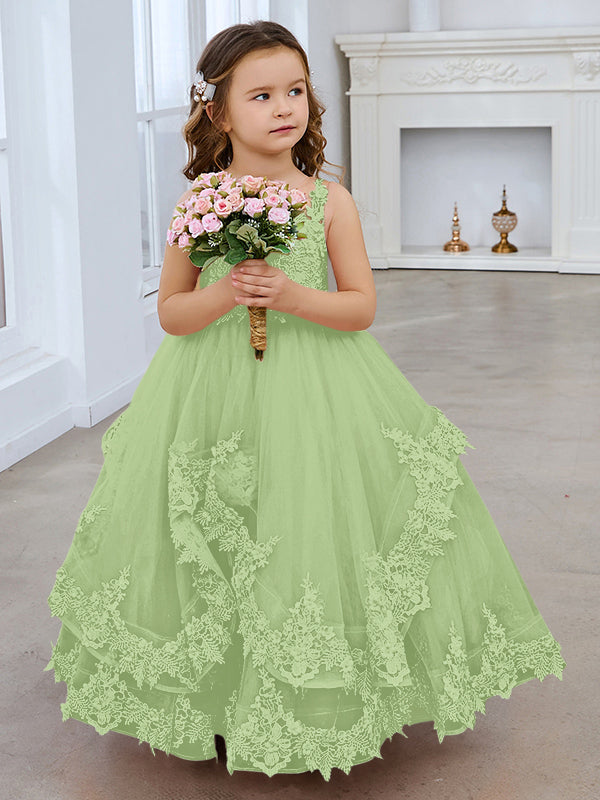 Vestido de princesa sin mangas de tul con apliques de encaje y cola corta para niñas 