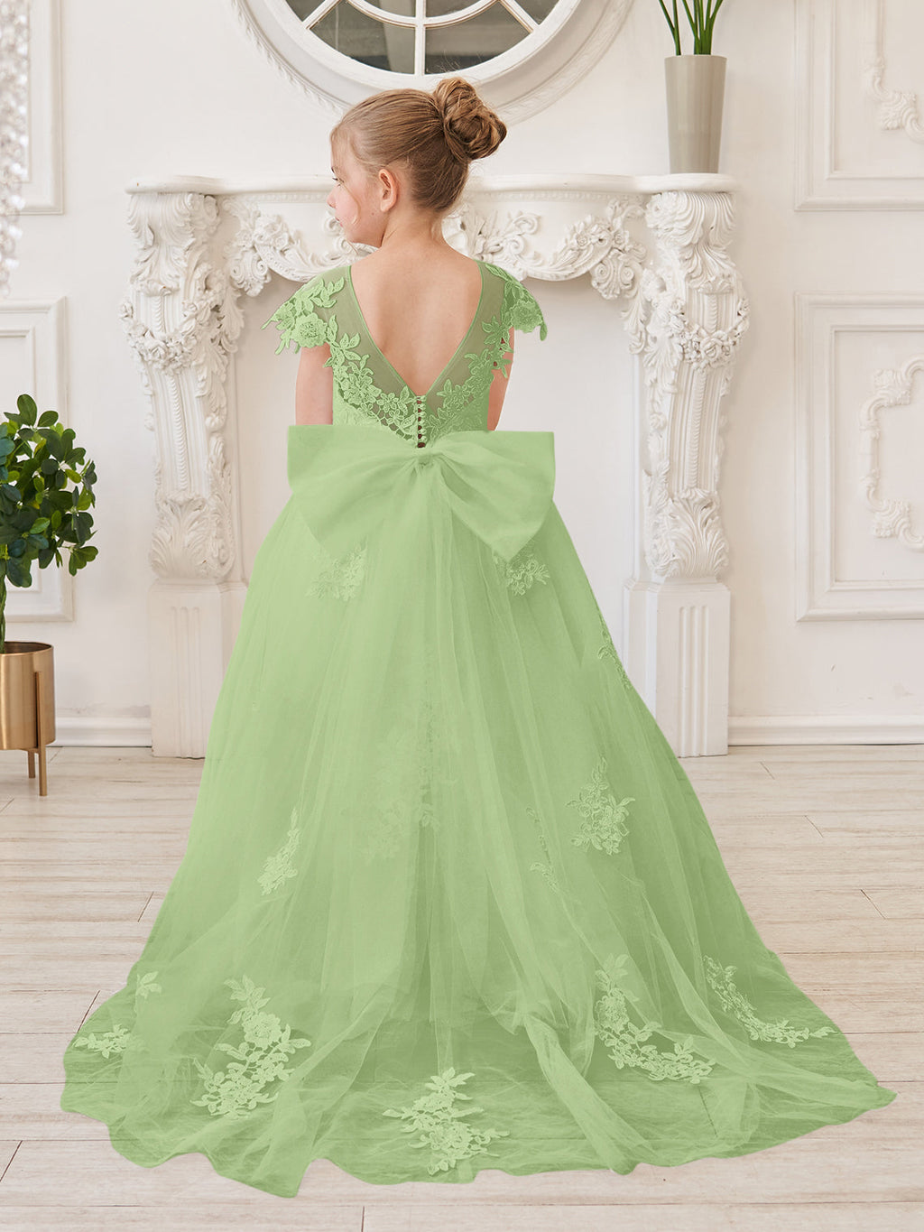 Vestido de niña de las flores para la Primera Comunión, color marfil, con cola desmontable estilo princesa. 