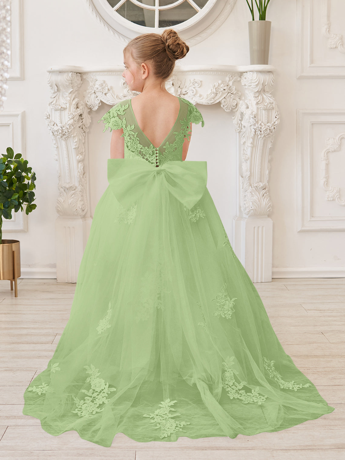 Vestido de niña de las flores para la Primera Comunión, color marfil, con cola desmontable estilo princesa. 