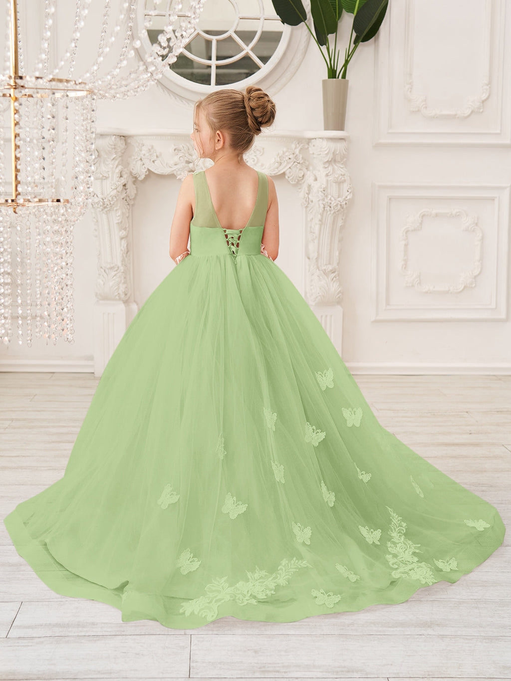 Elegante vestido de princesa sin mangas de tul para niña de las flores, corte en A 