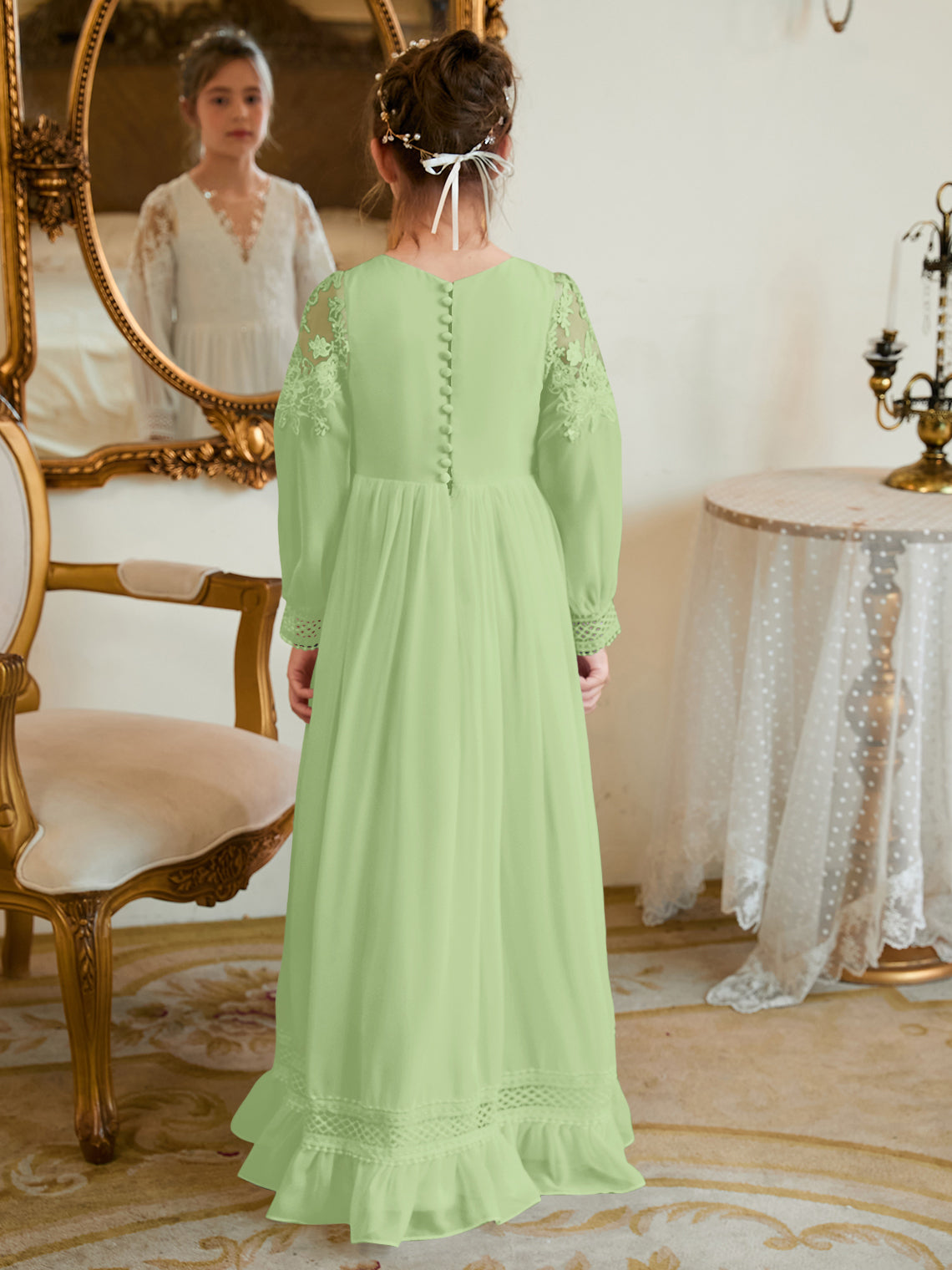 Vestido de Primera Comunión color marfil, corte en A, de gasa hasta el suelo 
