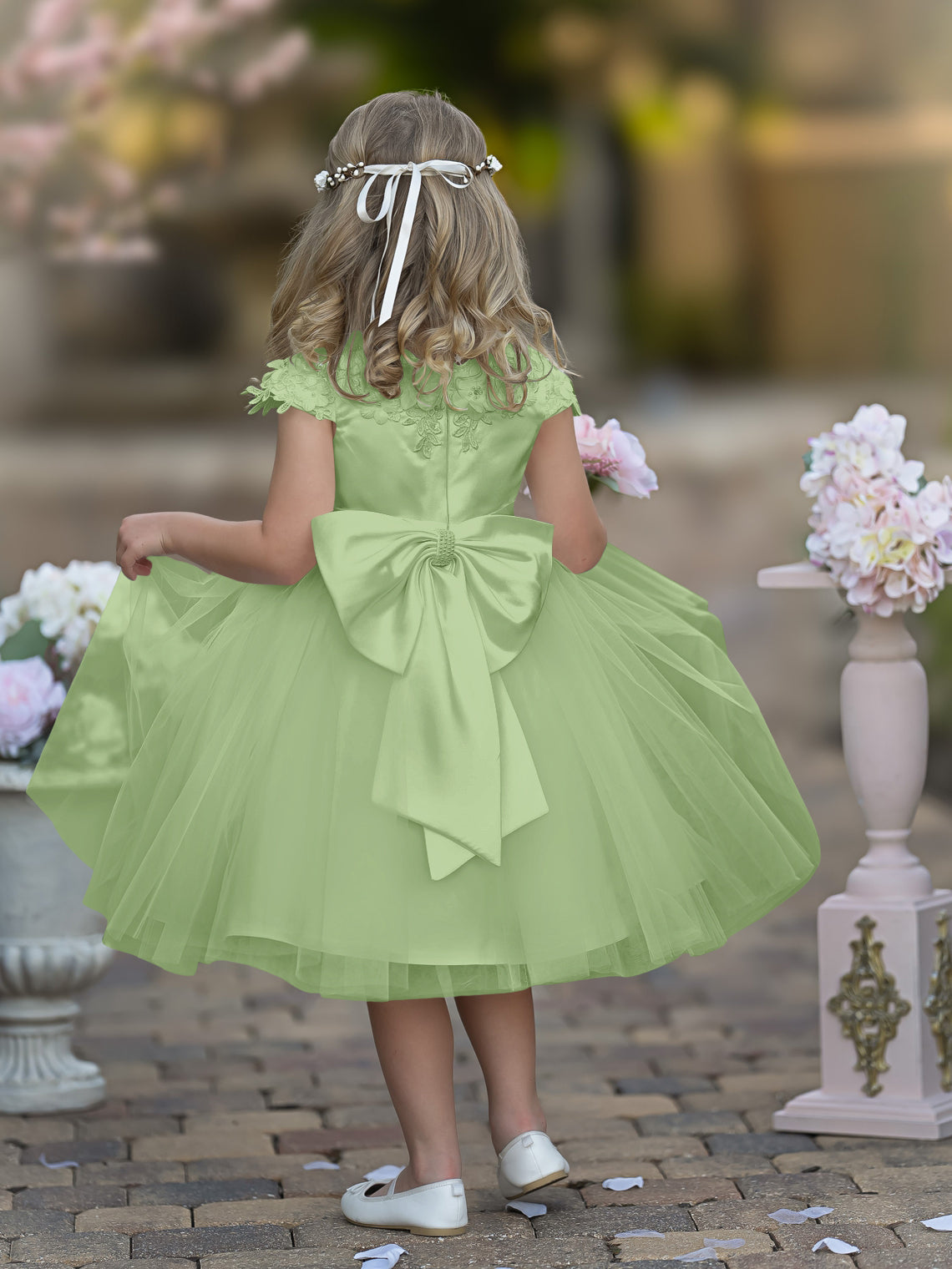 Vestido de niña de las flores de la Primera Comunión, color marfil, de tul satinado hasta la rodilla 
