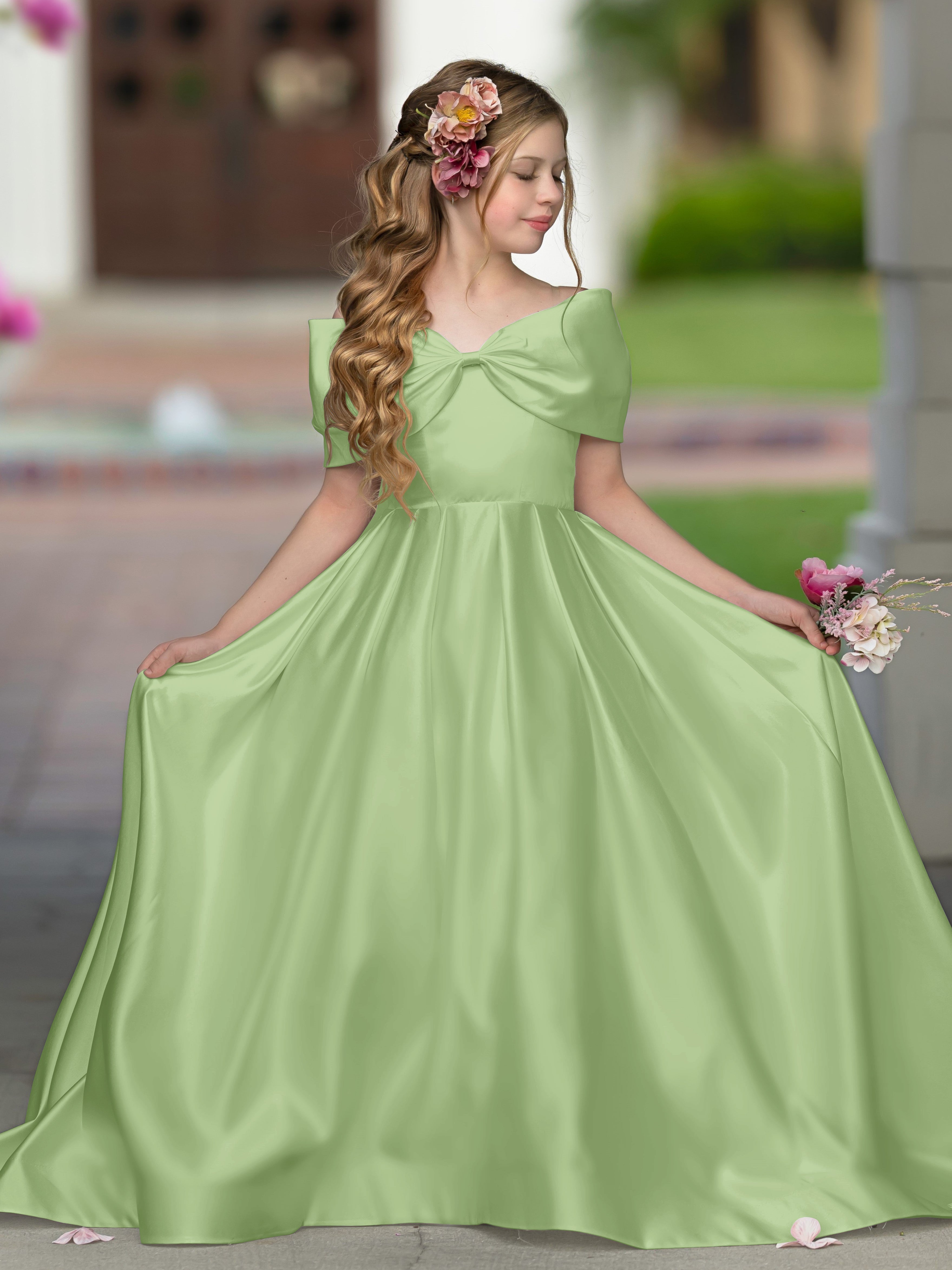 Robe de bal princesse élégante en satin ivoire avec traîne et nœud pour demoiselles d'honneur 